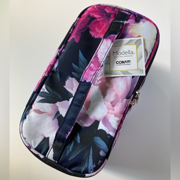 Modella Cosmetic Train Case in Midnight Blue & Pink Floral Pattern with Handle - Picture 2 of 3